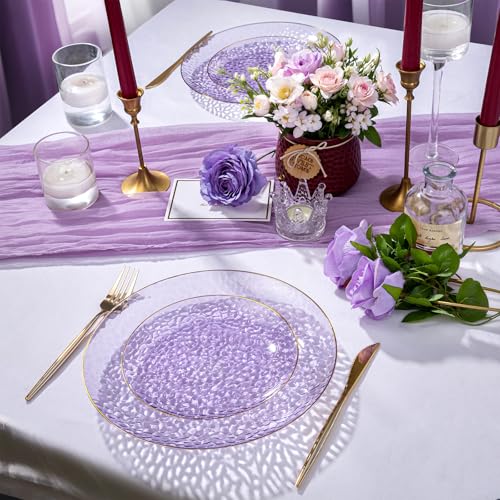 Rubtlamp 60Pcs Clear Purple Gold Plastic Plates, Purple Disposable Plates With Gold Rim, Hammered Plastic Plates Include 30 Clear Dessert Plates, 30 Dinner Plates for Party - color: Clear Purple Gold