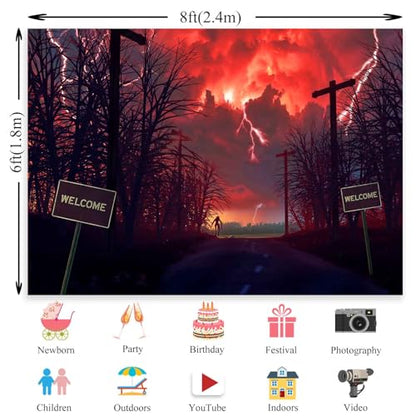 Red Horrors Forest Backdrop Sky Lightning Banner Background Birthday Backgrounds Party Home Decoration Photo Studio Props 82.68x59 in YUNHBDJ855 - size: 82.68*59 IN