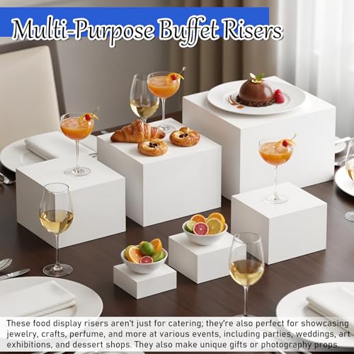 6 Pcs Buffet Risers, Food Risers for Buffet Table, White Acrylic Cube Boxes Display with Hollow Bottoms Display Stand Shelf for Party Cake Dessert Catering Jewelry Collectibles (3"4"5"6"7"8'')