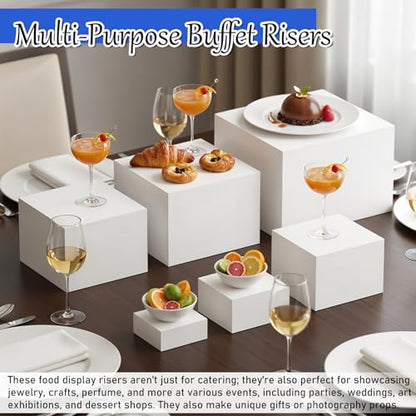 6 Pcs Buffet Risers, Food Risers for Buffet Table, White Acrylic Cube Boxes Display with Hollow Bottoms Display Stand Shelf for Party Cake Dessert Catering Jewelry Collectibles (3"4"5"6"7"8'')