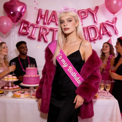 YISSION Hot Pink Birthday Tiara and Sash Set, Silver-Plated Pink Rhinestone Crown with Combs & Glitter "It's my Birthday" Sash for Women, Birthday Party Decorations, Photo Props & Milestone Celebration Gifts - color: Hot Pink