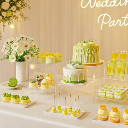 DomeStar 6PCS Clear Buffet Risers with Mini Sign, Food Risers Dessert Table Display Set for Buffet Table Party Catering Cupcake Cake Jewelry, Nesting Boxes for Food Display 8" 7" 6" 5" 4" 3" - color: Transparent