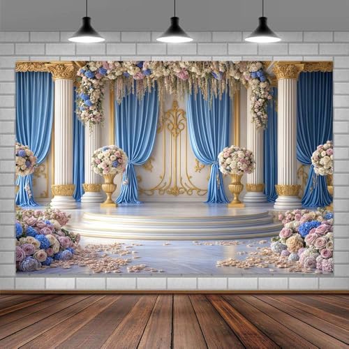 6X4ft Luxurious Blue and White Floral Backdrop for Photography Castle Palace Wedding Party Decortion Elegant Flowers Backdrop Wedding Birthday Party Decorations Bridal Shower Backdrops Studio Props - color: Blue and White, size: 6X4FT