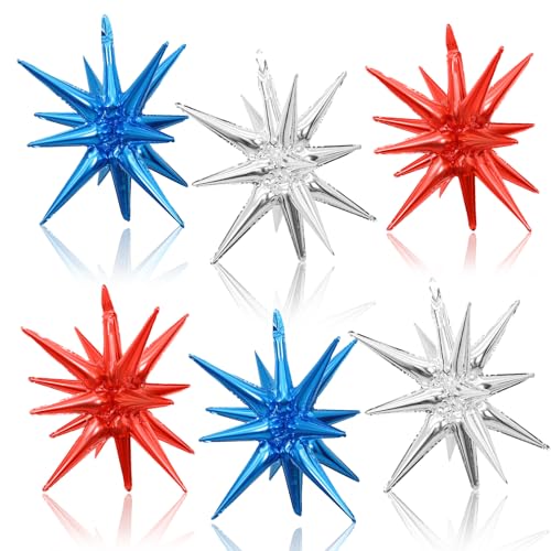 Red Blue Silver Star Balloons, 22 Inch Foil Explosion Star balloons, Large Spike Balloons Stars Cone Balloon, for Birthday Graduation 4th of July, Independence Day USA Patriotic Party Decoration - color: Dark Blue Red Silver