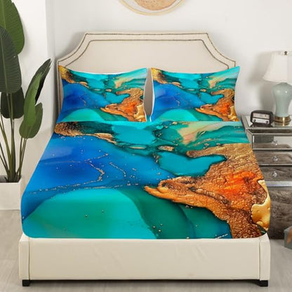 Feelyou Turquoise Teal Blue Gold Marble Bed Sheets Set Teal Abstract Textured Fitted Sheet for Kids Boys Girls Golden Streaks Bedding Set Marble Aesthetic Bed Cover Full Size with 2 Pillow Case - color: Multi 14, size: Full