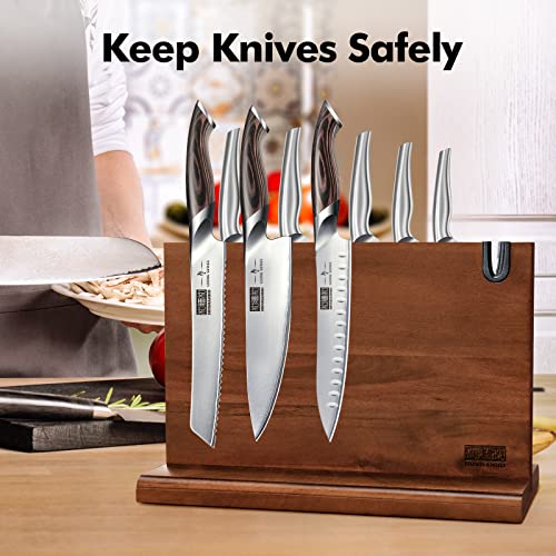 HOSHANHO Magnetic Knife Block 14 x 10 Inches, Double Sided Magnetic Knife Holder Rack for Kitchen Counter, Acacia Wood Magnetic Knife Storage Stand with Knife Sharpener - size: 14*10*4.5 inch