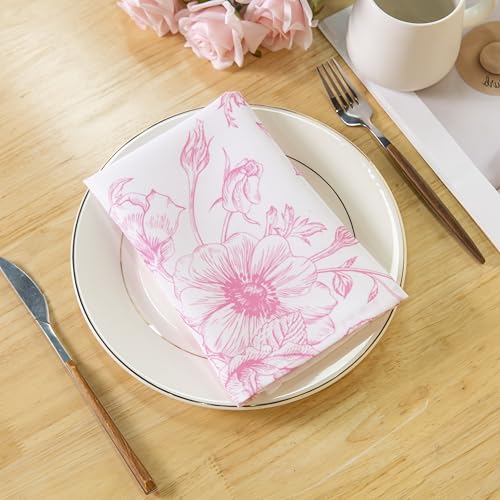 PLOYMONO Pink Floral Heavy Duty Cloth Napkins - 17 x 17 Inch Solid Washable Polyester Dinner Napkins - Set of 8 Napkins with Hemmed Edges - Great for Weddings, Parties, Banquets Dinner & More - color: Pink Floral