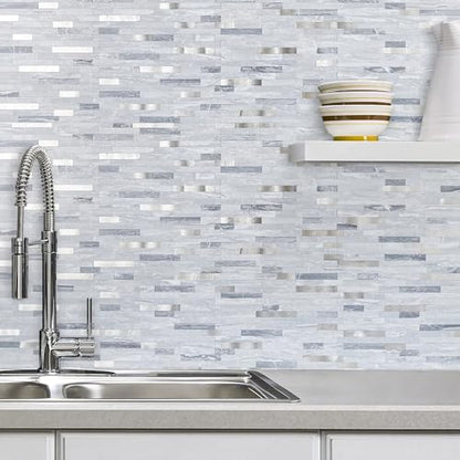 AULIGET Faux Stone Peel and Stick Backsplash, Light Grey Marble Look PVC Mixed Metal Wall Tiles Stick on Backsplash - color: Light Grey + Metal Silver, size: 2 Sheets, 6"x12"x0.12"