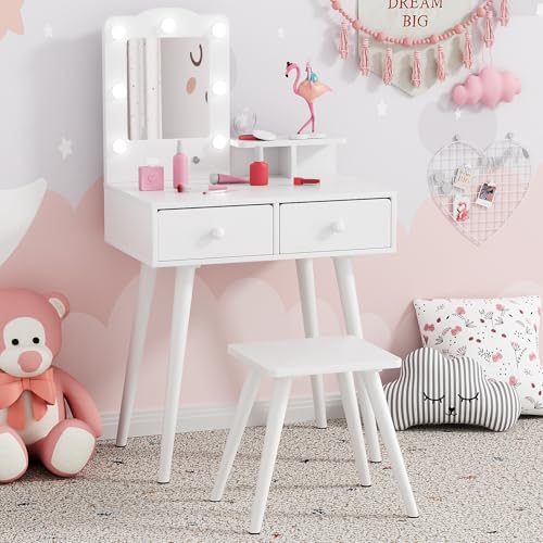 Arlopu Kids Vanity Set and Mirror, Wooden Pretend Play Vanity Table and Chair Set for Girls with Stool, Drawer, Princess Makeup Dress-Up Toy for Toddlers 3+Year Old (White) - color: White