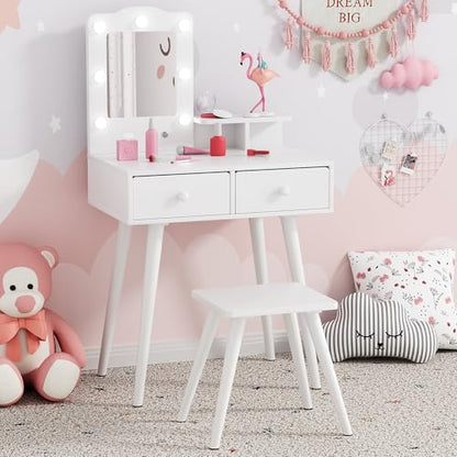 Arlopu Kids Vanity Set and Mirror, Wooden Pretend Play Vanity Table and Chair Set for Girls with Stool, Drawer, Princess Makeup Dress-Up Toy for Toddlers 3+Year Old (White) - color: White