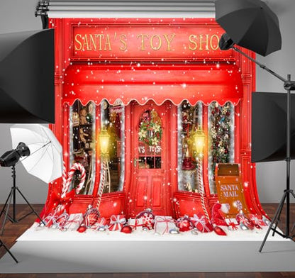 8x8FT Red Christmas Photo Backdrop Santa's Toy Shop Candy Cane in Snow World Xmas Family Holiday Party Banner Photography Background Supplies Decor Studio Prop - size: 8x8Ft