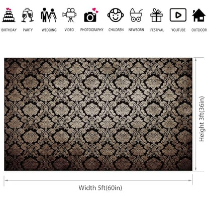 5x3ft European Classic Textured Backdrop Black and Gold Victorian Damask Photography Background Birthday Party Baby Shower Bedroom Decorations Banner Kids Adults Portrait Supplies - size: 5x3ft