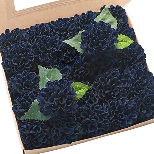 Floroom Artificial Dahlia Flowers 25pcs Real Looking Navy Blue Foam Fake Roses with Stems for DIY Wedding Bouquets Bridal Shower Centerpieces Floral Arrangements Party Tables Home Decoration - color: Navy Blue