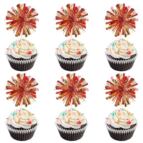 30 PCS Foil Firework Cupcake Toppers Sparkle Tinsel Cupcake Picks Happy Birthday Cake Decorations Drink Stirrers Cocktail Food Fruit Toothpicks for Baby Shower Graduation Party Supplies Red Gold - color: Red+gold