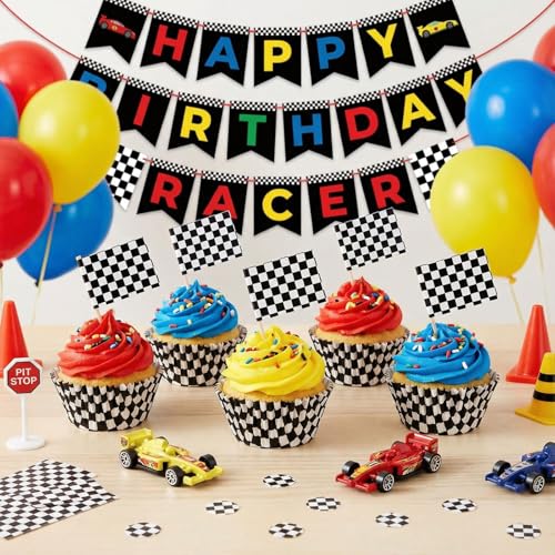 TecUnite 100 Pcs Race Car Checkered Flag Cupcake Wrappers Liners and 100 Pcs Cupcake Toppers Race Car Party Cake Decoration for Racing Checkered Theme Birthday Party (Black and White)