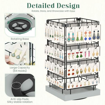 EsLuker.ly Rotating Earring Display Holder Stand for Vendors Events Selling, Large Capacity 64 Hooks Jewelry Rack with Wooden Base for Earring Card Sales, Enhances Retail Visibility (Light Grey) - color: Light Grey+Black