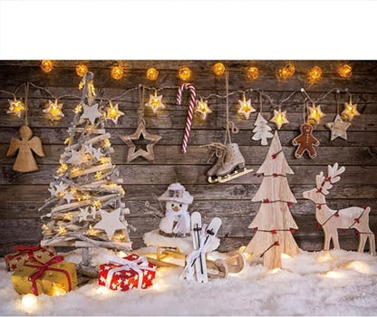 Renaiss 7x5ft Christmas Theme Backdrop Christmas Trees Snowman Deer Gift Box Snow Hanging Ornament Lights Photo Background Wooden Wall Photography Winter Xmas New Year Festival Family Party Banner - color: WSNZY08321, size: 7x5ft
