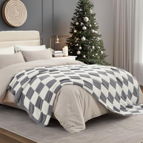 Snuggle Sac Faux Fur Checkered Blanket Twin Size with Soft Knitted Microfiber Fabric,Cozy Soft Warm Blanket for Sofa Bedroom Living Room,Grey Checker,60x80 inches - color: Grey White, size: Twin(60"x80")