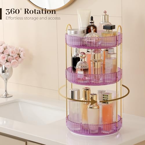 Aveniee Rotating Makeup Organizer for Vanity, Perfume Skincare Organizerss Large, Spinning Bathroom Counter Shelf Holder for Cosmetics, Skin Care, Lipsticks,3 Tiers, Purple - color: Crystal Purple, size: Standard-3 Tier