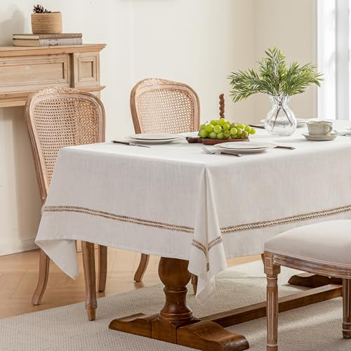 Linen Tablecloth with Decorative Woven Stripe, Spill & Wrinkle Resistant Table Cloth Rectangle Table, Farmhouse Tablecloths Textured Fabric for Dining,Kitchen,Everyday & Holiday Decor,60x104 - size: 60" x 104" (Rectangular)