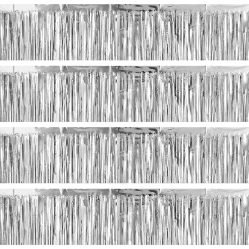 4 Packs Foil Fringe Garland Tinsel Streamers Shiny Wall Hanging Birthday Banner Backdrop for Graduation Wedding Anniversary Celebration Happy Birthday Party Decorations Silver - color: Silver