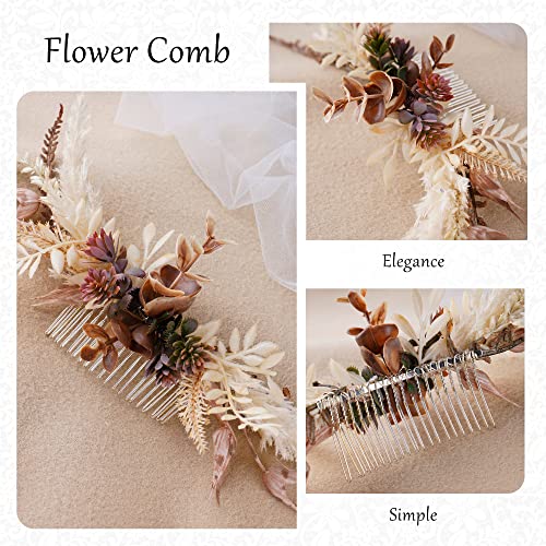 Wedding Flower Comb - Handmade Floral Hair Comb Bohemian Hair Combs for Women Girls Bride Bridesmaid Bachelorette Party Bridal Shower Maternity Shoot - color: Brown