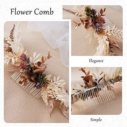Wedding Flower Comb - Handmade Floral Hair Comb Bohemian Hair Combs for Women Girls Bride Bridesmaid Bachelorette Party Bridal Shower Maternity Shoot - color: Brown