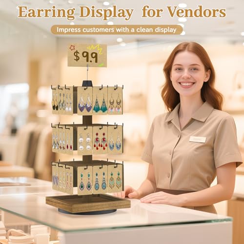 MODOWEY Rotating Earring Card Display Stands for Vendors with 36 Hooks, Wood Jewelry Holder Organizer Tree Rack for Women Dresser, 3 Tier Large Capacity Storage Tower for Selling Stud Pierced, Square - color: Dark-Brown