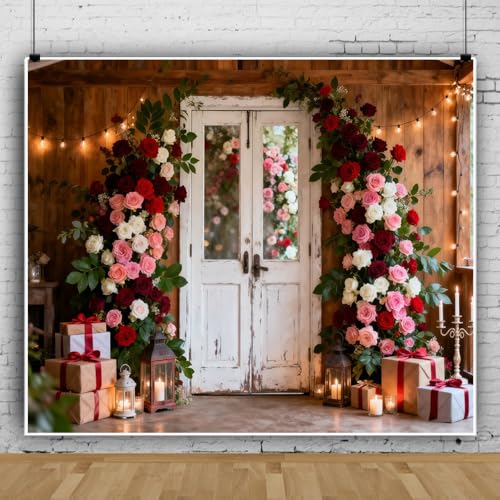 10x10ft Valentines Photo Backdrop Glitter Rustic White Wooden Door Roses Flower Valentine Backdrops for Photography Galentines Valentine's Day Decorations for Party Photo Props Background - color: Pink, size: 10x10ft