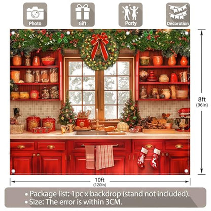 Fabric 10x8ft Christmas Kitchen Photography Backdrop Cabinets Window Winter Snow Scene Background Xmas Family Party Decoration New Year Photo Banner Props - size: 10'x8'