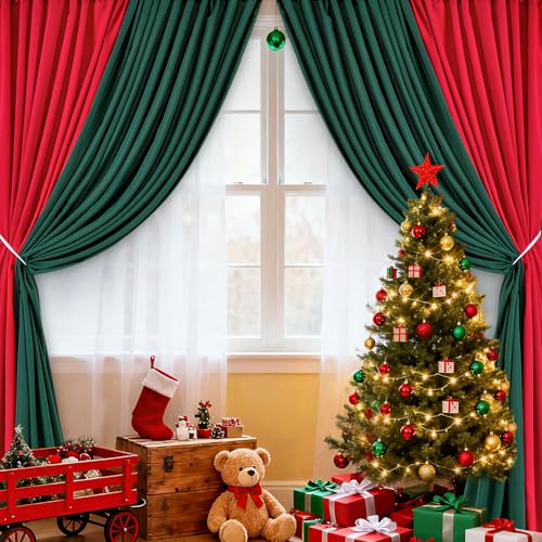 10ft x 8ft Red and Green Backdrop Curtains Polyster Photo Drapes Christmas Photo Backgrounds 2 Panels 5ft x 8ft for Party Wedding Birthday Home Photography Background - color: Red+Green, size: 5ft x 8ft 2 Panels