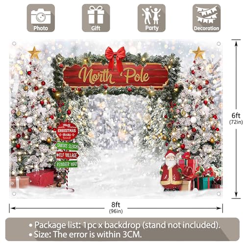 Fabric 8x6ft Merry Christmas Winter Bokeh Photography Backdrop North Pole Forest Snow Xmas Tree Background Santa Party Decoration Holiday Photo Banner Props - size: 8'x6'