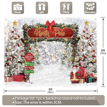 Fabric 8x6ft Merry Christmas Winter Bokeh Photography Backdrop North Pole Forest Snow Xmas Tree Background Santa Party Decoration Holiday Photo Banner Props - size: 8'x6'