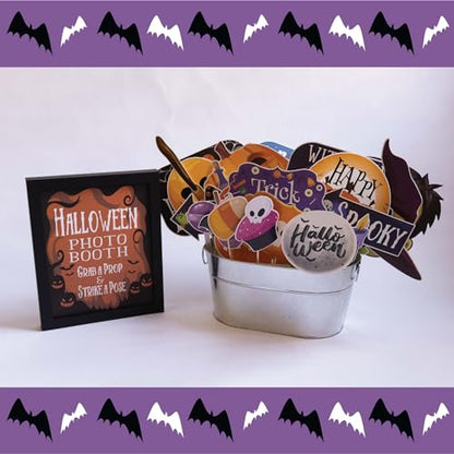 Halloween Photo Booth Props - 41-pc Kit With 8 x 10-Inch Sign, 60 Adhesive Pads, and 45 Sticks - Photobooth Decorations and Selfie Props