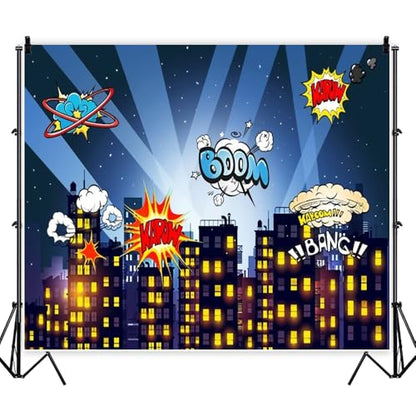 10x8ft Superhero Super City Photography Backdrops Cartoon Skyline Buildings City Boom Photo Backdrop Decorations Children Boys Birthday Party Cake Table Banner Background Studio Booth - size: 10X8FT