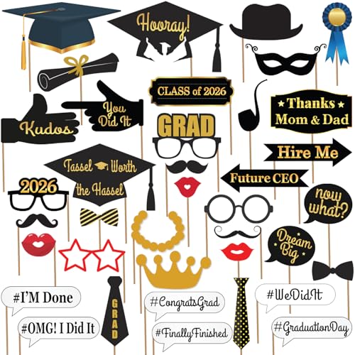 KatchOn, Graduation Photo Booth Props - Pack of 40 | Black and Gold Grad Photo Props, Graduation Decorations 2026 | Congrats Grad Props for Photoshoot 2026, Class of 2026 Decor | Grad Party Supplies