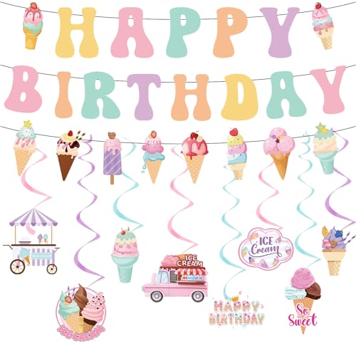 Ice Cream Birthday Party Decorations - Colorful Happy Birthday Banners, Hanging Swirls Decor Supplies for Summer Theme Girls Party - style: Ice Cream