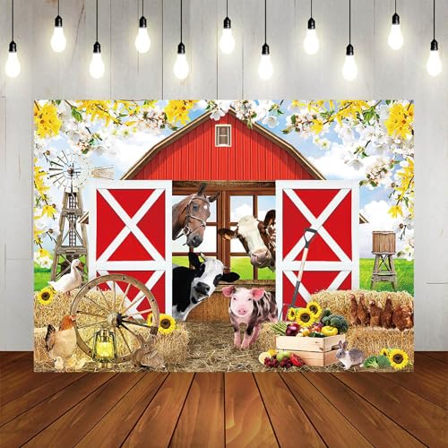 Spring Farm House Photography Backdrop 10x7ft Animals Red Rustic Barn Birthday Background Party Decorations for Kids Farm Theme Baby Shower Banner Photo Booth Props - size: 10x7ft