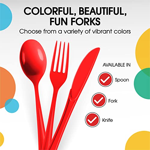 Party Solids Red Plastic Forks 200 Pieces Red Forks Disposable Utensils Heavy Duty Plastic Cutlery Set Disposable Cutlery Sets Flatware Sets Silverware Set Party Supplies & Party Tableware - color: Red