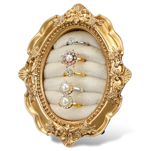 Oqqlin Vintage Ring Holder, Gold Oval Ring Holder with Suede Interior 4.72 x 3.74 Inch Jewelry Display Organizer for Wedding, Ceremonies, Birthday