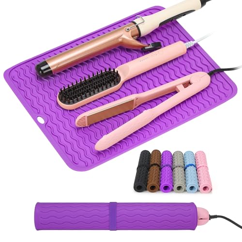 Oversize Silicone Heat Resistant Mat for Curling Irons, Flat Irons, Hair Straighteners and Hot Hair Styling Tools, Portable Wrap Pad Cover for Vanity, Travel, Salon(14.2" x 11.0") - color: Purple