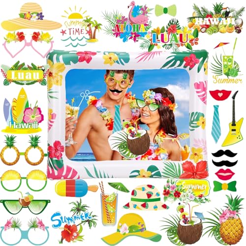 Hawaiian Party Photo Booth Props Kit, 30 PCS Luau Photo Booth Props with Large Inflatable Selfie Picture Frame for Hawaiian Tropical Tiki Summer Pool Party Supplies - size: Hawaiian Inflatable Frame