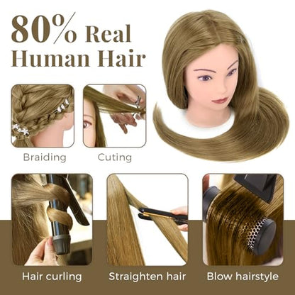 28 Inch Mannequin Head 80% Human Hair with Tripod Stand,Mannequin Cosmetology Manikin Practice Doll Head with stand,Braiding Hairdressing Head for Hair Styling with Table Clamp + DIY Hair Styling Set - color: Blonde#27B