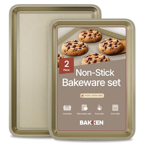 Diamond Bottom Cookie Sheet Set of 2, Nonstick Gold Carbon Steel Baking Pans for Crisp Baking, Space-Saving Stackable Trays, PFOA, PFOS, PTFE Free, Oven Safe Up to 450°F, Small & Medium Pans - color: Gold, size: Pack of 2