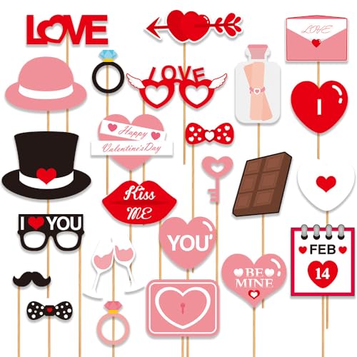 Valentine’s Day Photo Booth Props 24 Pcs Romantic Love Heart Selfie Props Happy Valentine’s Day Glasses Cute Hat Mustache Heart Photograph Props for Wedding Bridal Shower Party Supplies