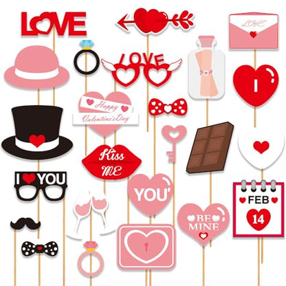 Valentine’s Day Photo Booth Props 24 Pcs Romantic Love Heart Selfie Props Happy Valentine’s Day Glasses Cute Hat Mustache Heart Photograph Props for Wedding Bridal Shower Party Supplies