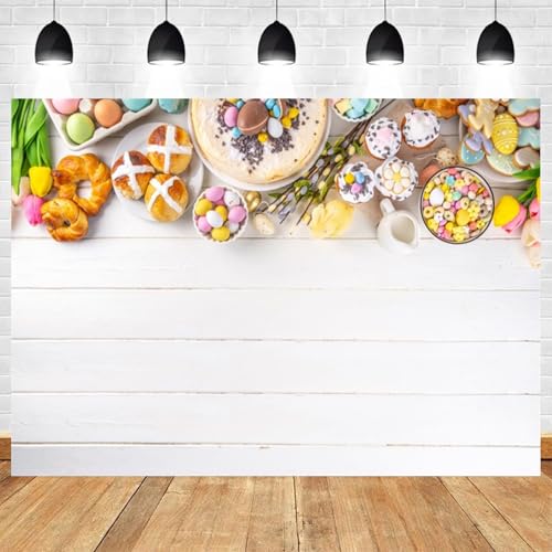 5x3ft Easter Backdrop Spring Photography Background White Wooden Surface with Pastel Eggs Tulips Hot Cross Buns Desserts Cookies for Party Photoshoot Baby Shower Decorations Banner - color: color 4, size: 5x3ft