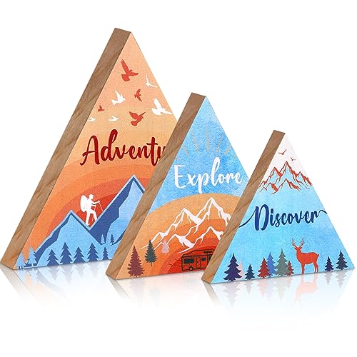 Jetec 3 Pcs 3 Size Wooden Mountain Sign for Cabin, Rustic Mountain Wall Decor, Adventure Camping Cabin Decor Sign for Living Room Bedroom Shelf Decoration(Orange and Blue) - color: Orange and Blue