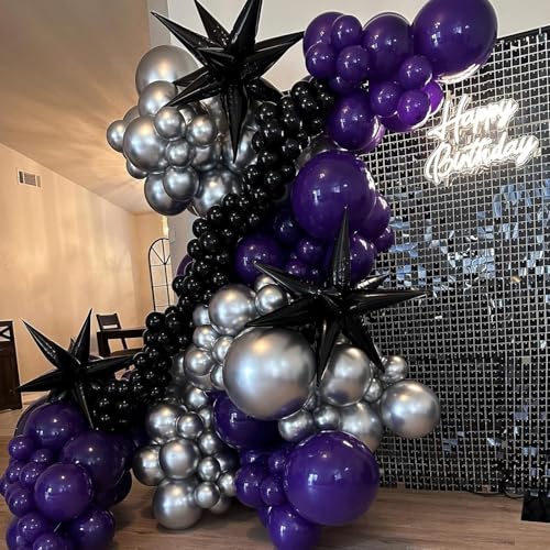 70pcs 12 inch Purple Black Metallic Silver Latex Balloons with Purple Confetti for Halloween Birthday Anniversary Wednesday Graduation Party Decorations - color: Purple and Black