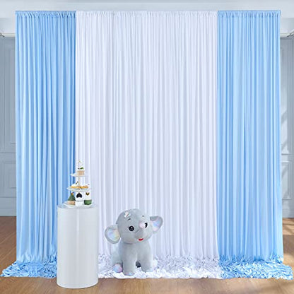 10x10ft Baby Blue and White Backdrop Curtains Panels for Parties Wedding Baby Shower Birthday Party Photography Background, Wrinkle Free Polyester Backdrop Curtains Drapes 4 Panel 2.5x10ft - color: Baby Blue+white, size: 60"W x 120"L (Pack of 4)